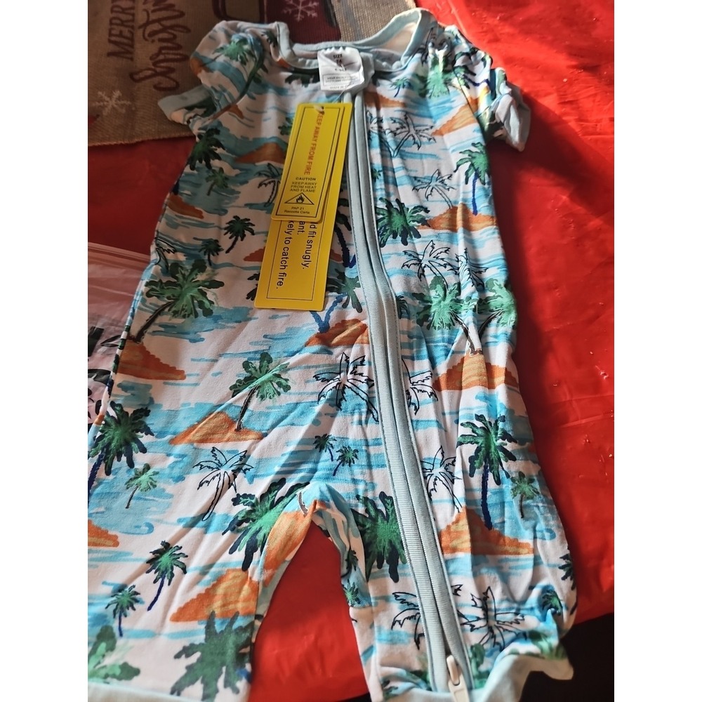 Bamboo Zippy Shorty White Blue Palm Trees 6 To 9 Months Double Zipper
